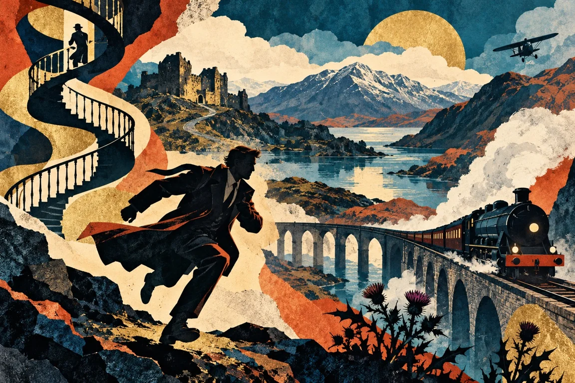 Ein fliehender Mann, eine Eisenbahn und eine gewundene Treppe in einer schottischen Landschaft.