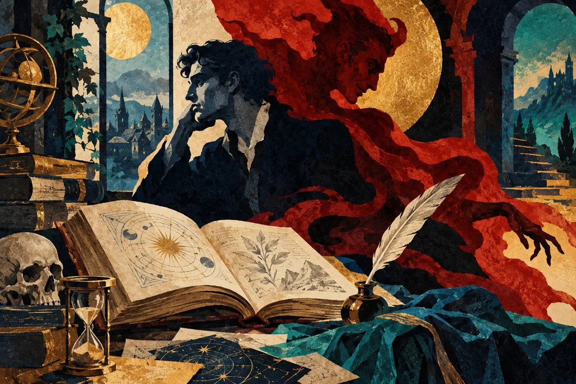 Ein Gelehrter über einem aufgeschlagenen Buch, begleitet von einem roten Schatten.