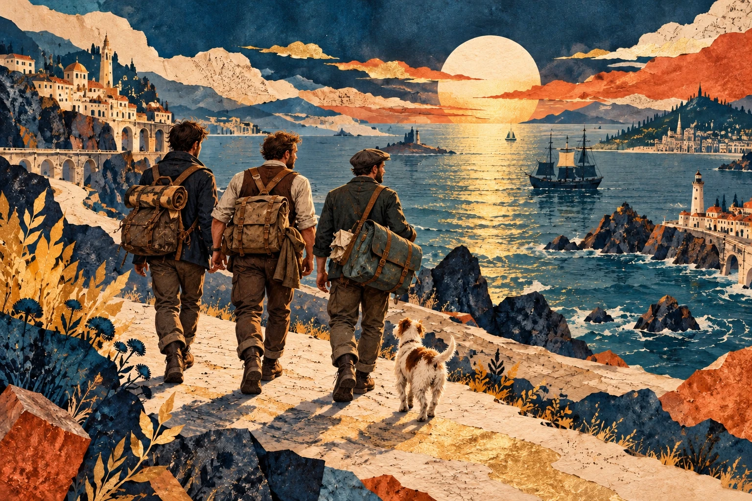 Drei männliche Freunde mit Gepäck und einem Hund auf dem Weg zu einem Hafen.