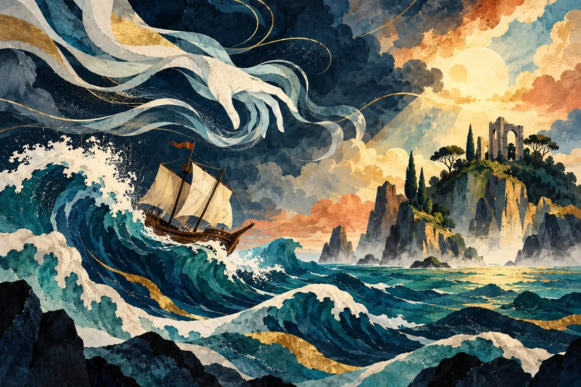Ein Segelschiff in stürmischer See vor einer geheimnisvollen Insel.
