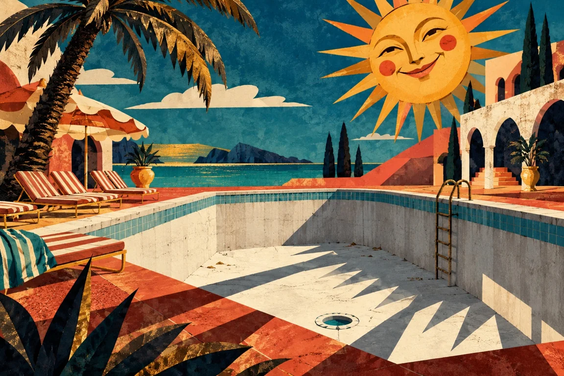 Eine Ferienanlage mit Palmen, Liegestühlen und einem leeren Swimmingpool.