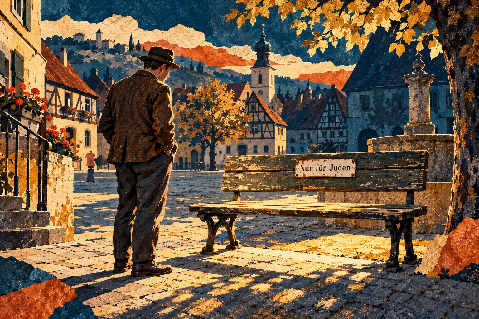 Symbolische Illustration zu Die Judenbank: ein Mann neben einer Holzbank mit einem ausgrenzenden Schild in einer fränkischen Ortschaft.